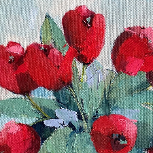 Red Tulips on Pale Blue